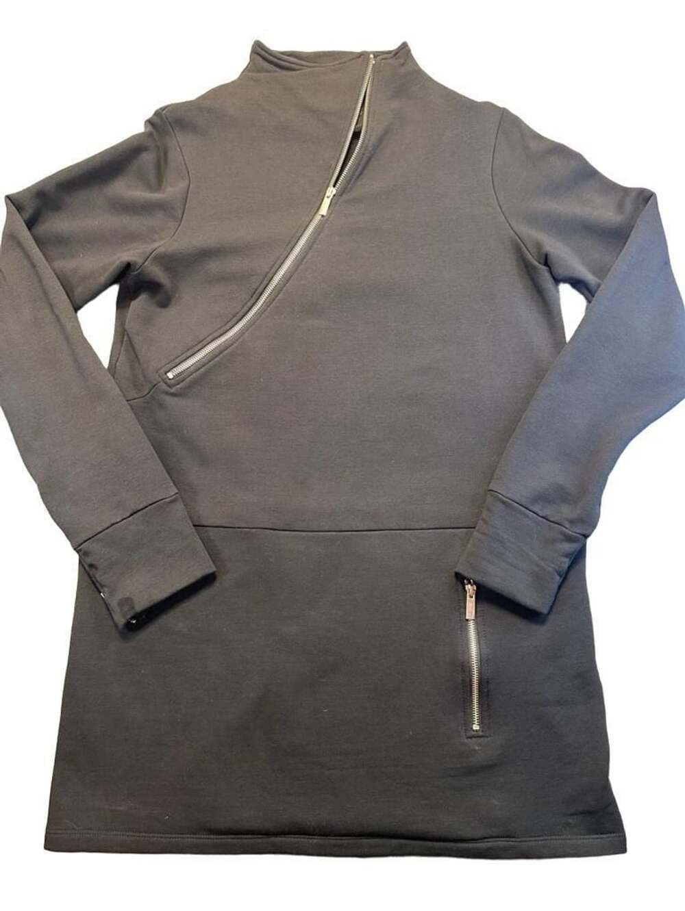 Marcella Moda Blake High-Neck Sweatshirt Size L Black Asymmetric Zip Edgy Tunic